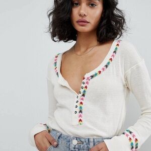 We the Free | Rainbow Thermal Henley Top | XS | Ivory